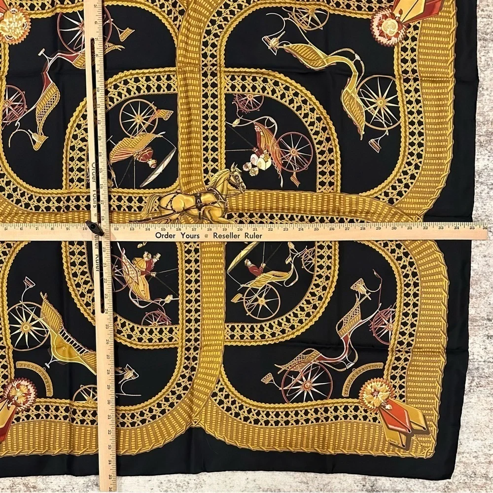 Hermes Black Voitures Paniers by J Abadie Silk Scarf France black gold red 35x35